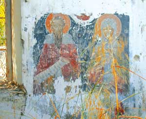 The fresco with Saints Andronicus and Atanasia in the church of Saint Andronicus in Kythrea, one of the few still in situ after pillage and the collapse of the roof